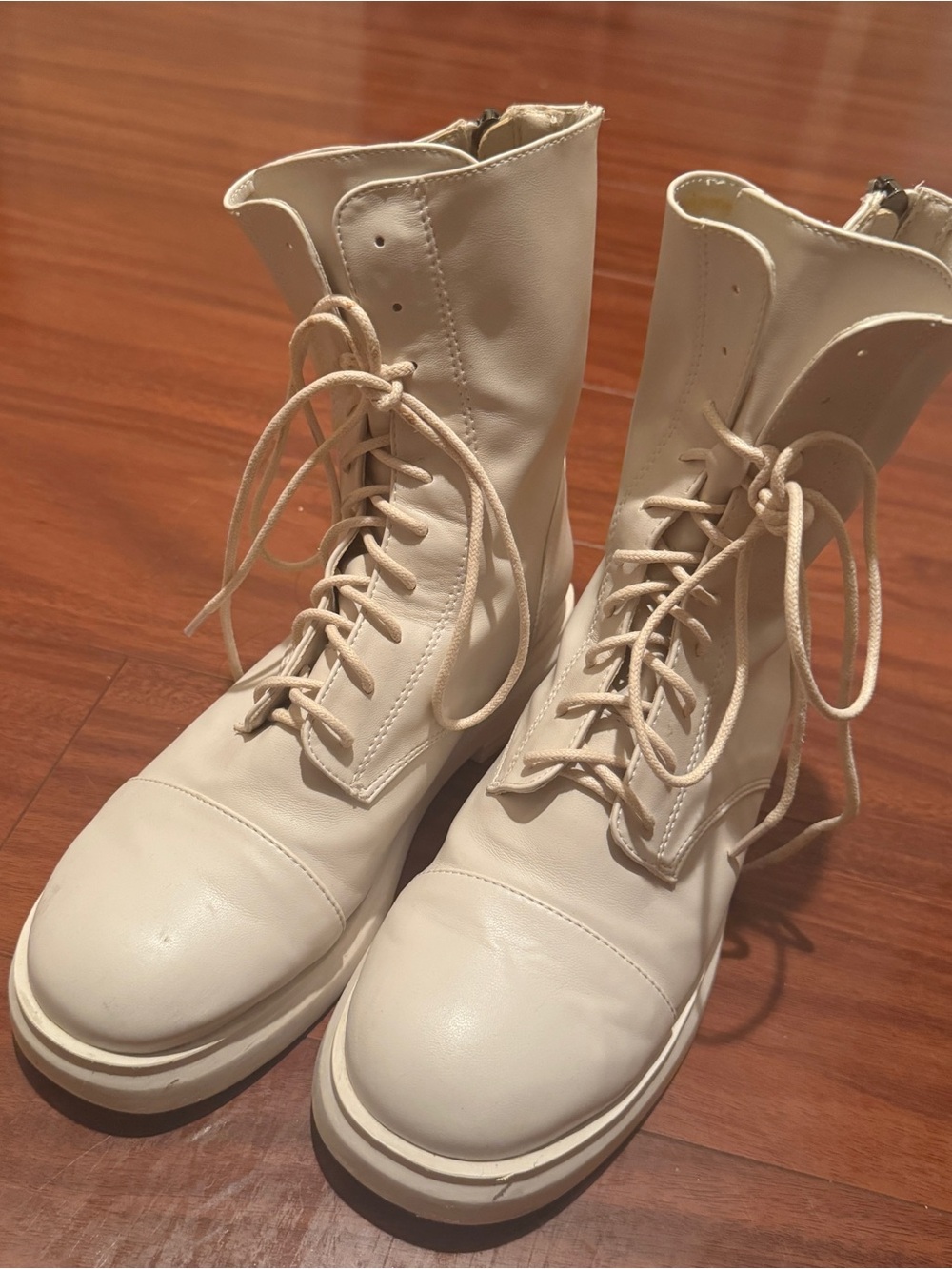 Women's Lace-Up Cream Combat Boots with Inner Zip